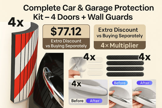 Complete Car and Garage Protection Kit with reflective garage wall bumpers, door edge films, handle guards, and silicone mirror protectors – discounted full coverage for 4 doors plus wall protection.