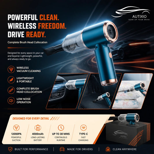 4-use collage: cordless vacuum cleaning car boot, dashboard vents, vacuum storage bags and keyboard
