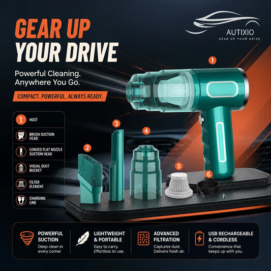 Cordless handheld vacuum with USB charging cable and multiple brush attachments for car cleaning