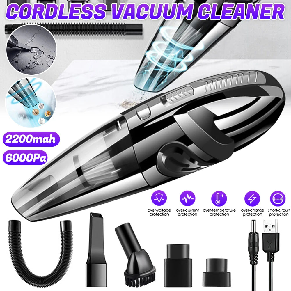Wet and dry cleaning attachments for cordless USB rechargeable car vacuum