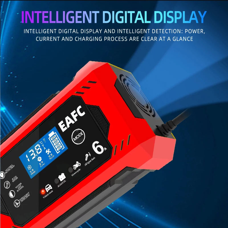 12V 6A smart battery charger with intelligent LCD digital display showing voltage, current, and charging status in real-time