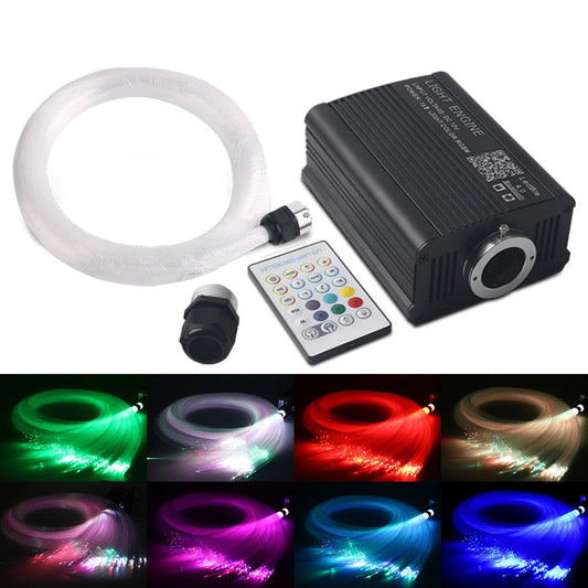 Fiber optic star light kit full contents: fiber bundle coil, light engine, remote, connector, with 8 color swatches