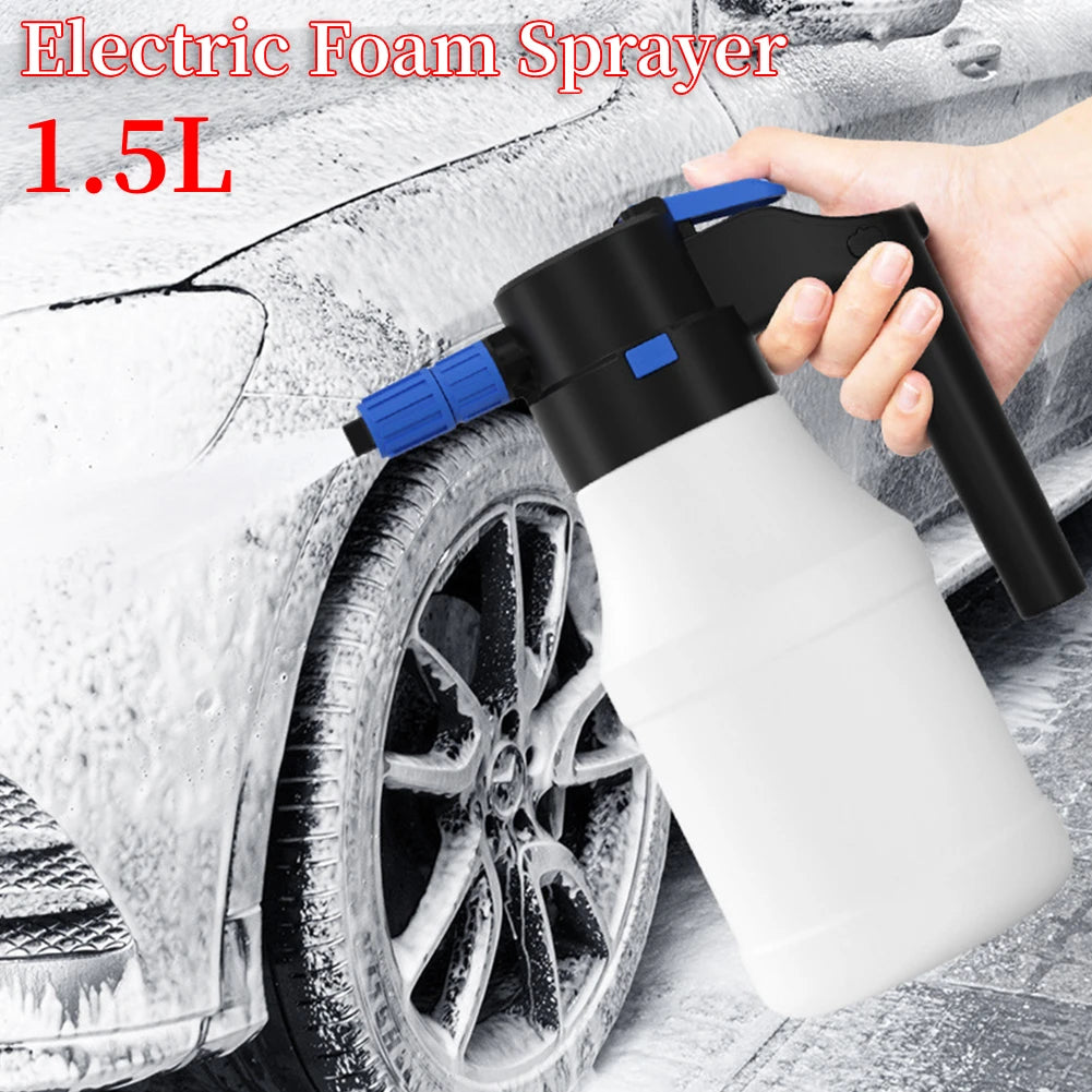 Close-up of ergonomic electric handle with power switch for 1.5L foam sprayer