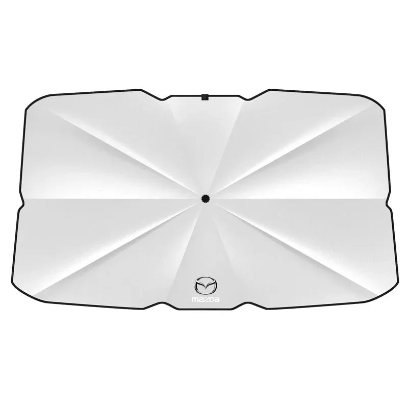 Foldable silver windshield sunshade shown fully expanded from top view with reinforced edge design