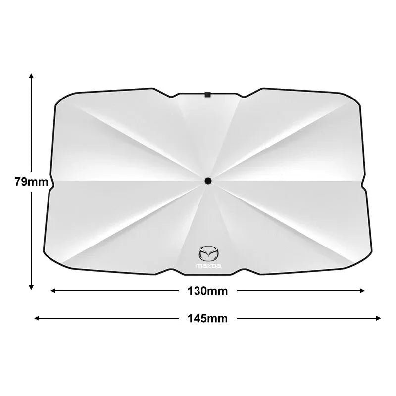 Diagram showing foldable windshield sunshade dimensions: 145mm width, 79mm height, and inner width 130mm
