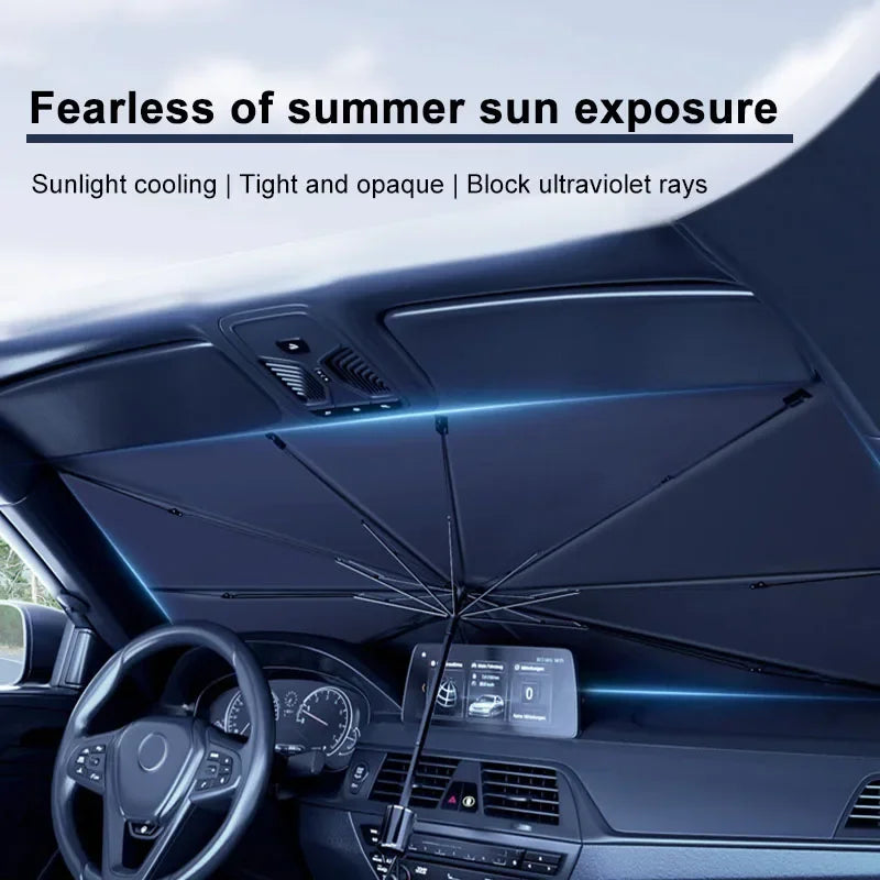 Foldable windshield sunshade fully expanded inside car to block UV rays and reduce summer heat