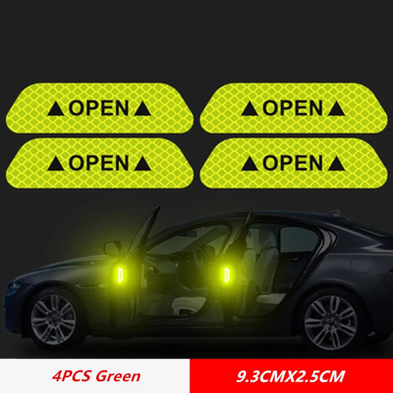 Set of 4 green reflective car door warning stickers labeled OPEN for enhanced night visibility and safety