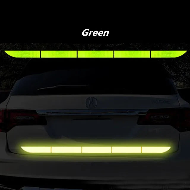 Green reflective rear bumper strip for enhanced nighttime car visibility and safety