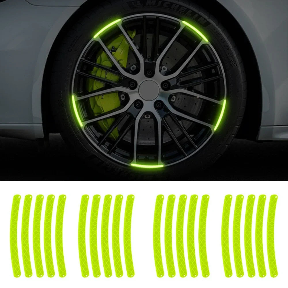 Green reflective rim decals installed on car tire for improved nighttime visibility and sporty look