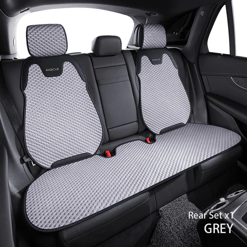 Grey ice silk car rear seat cover set with headrests and bench cushion for backseat protection and comfort