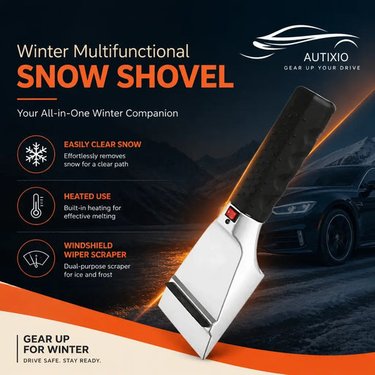 12V heated car ice scraper multifunctional winter snow shovel showing built-in heated melting blade windshield wiper scraper and anti-skid grip handle on snowy road