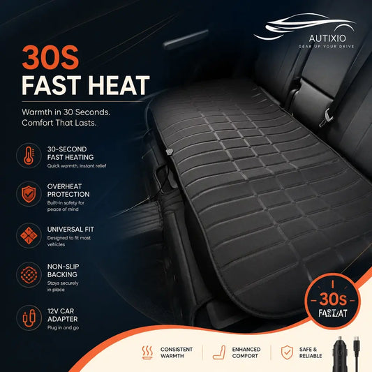 Heated rear seat cover with 30-second fast heat – overheat protection, non-slip backing, 12V car adapter