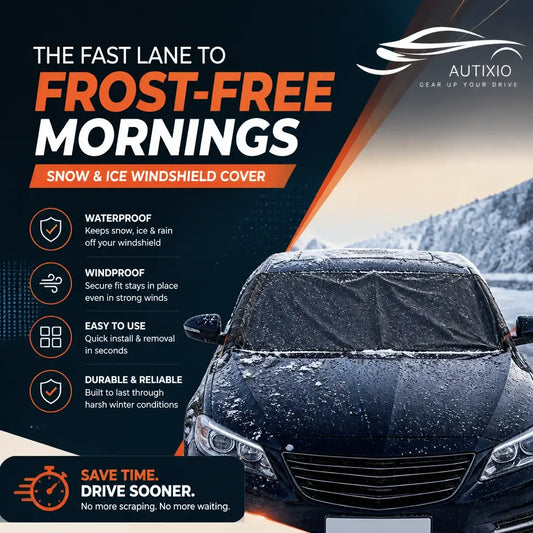 Heavy duty 600D Oxford windshield snow cover on black car in blizzard showing waterproof windproof quick install and durable reliable frost-free morning protection