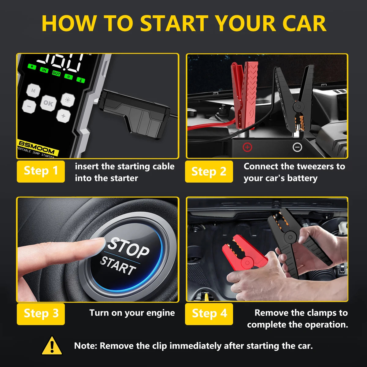 Step-by-step visual guide showing how to use the BSMOOM car jump starter to safely start your vehicle battery