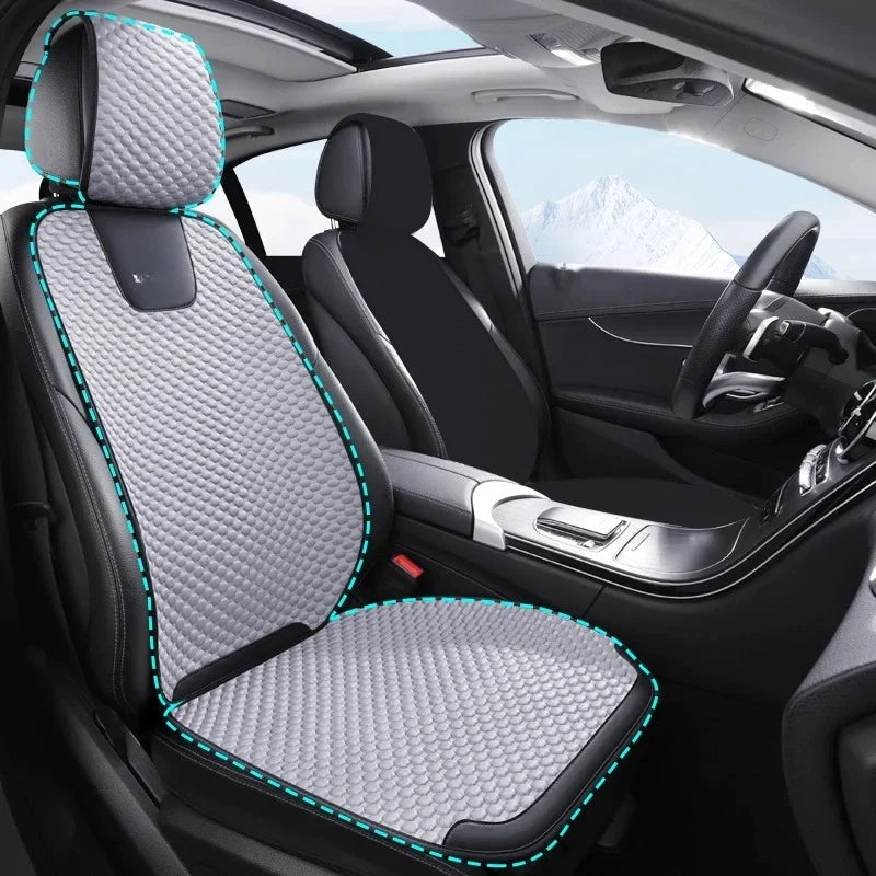 Grey ice silk car seat cover one front seat set with headrest cover dashed outline showing full coverage