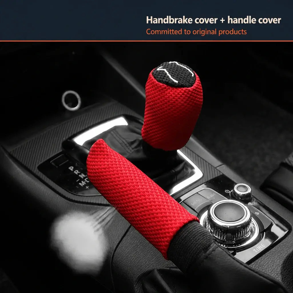 Red ice silk breathable handbrake and gear shift cover 2pc set installed on car center console with dark interior and ambient lighting