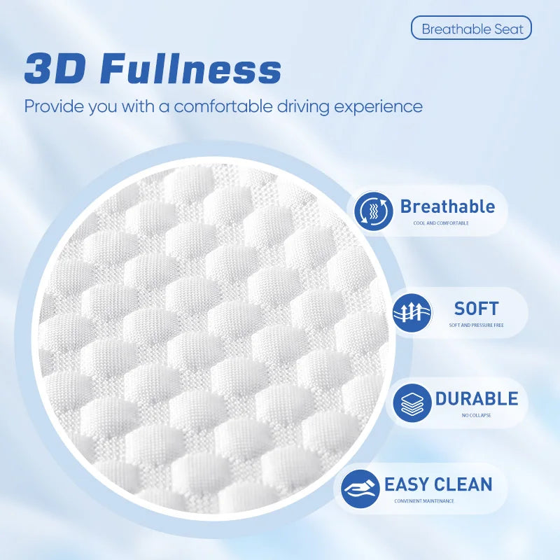 Zoomed view of 3D breathable ice silk car seat fabric with icons for softness, durability, and easy cleaning
