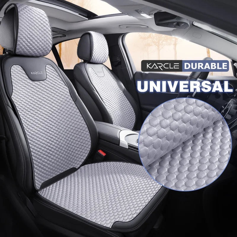 Front car seats with universal fit ice silk covers and close-up of durable hexagonal breathable fabric