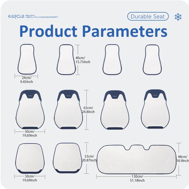 Universal car seat cover size chart showing detailed dimensions for front and rear seat covers