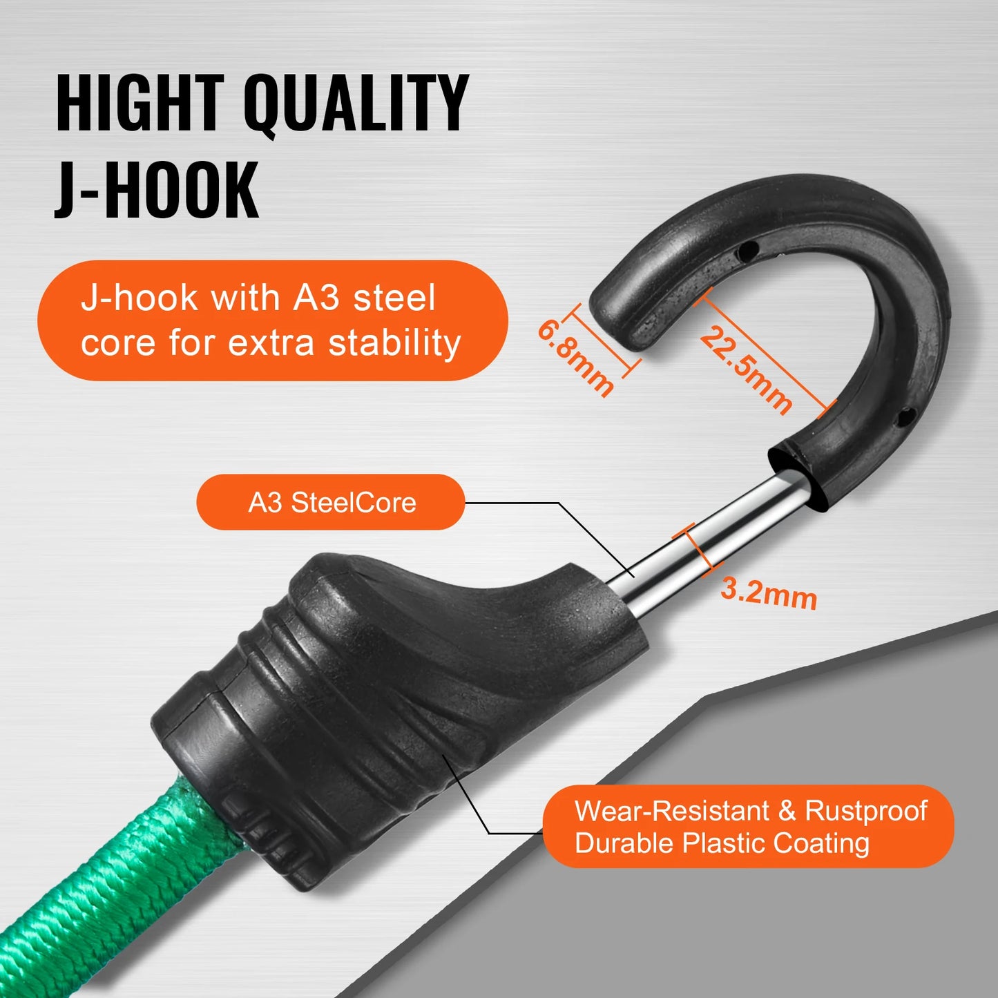 High-quality J-hook for bungee cord with A3 steel core, wear-resistant plastic coating, and labeled dimensions