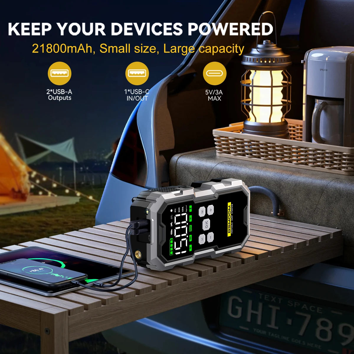 BSMOOM car jump starter used as 21800mAh power bank for camping gear and phone charging via USB-A and USB-C ports