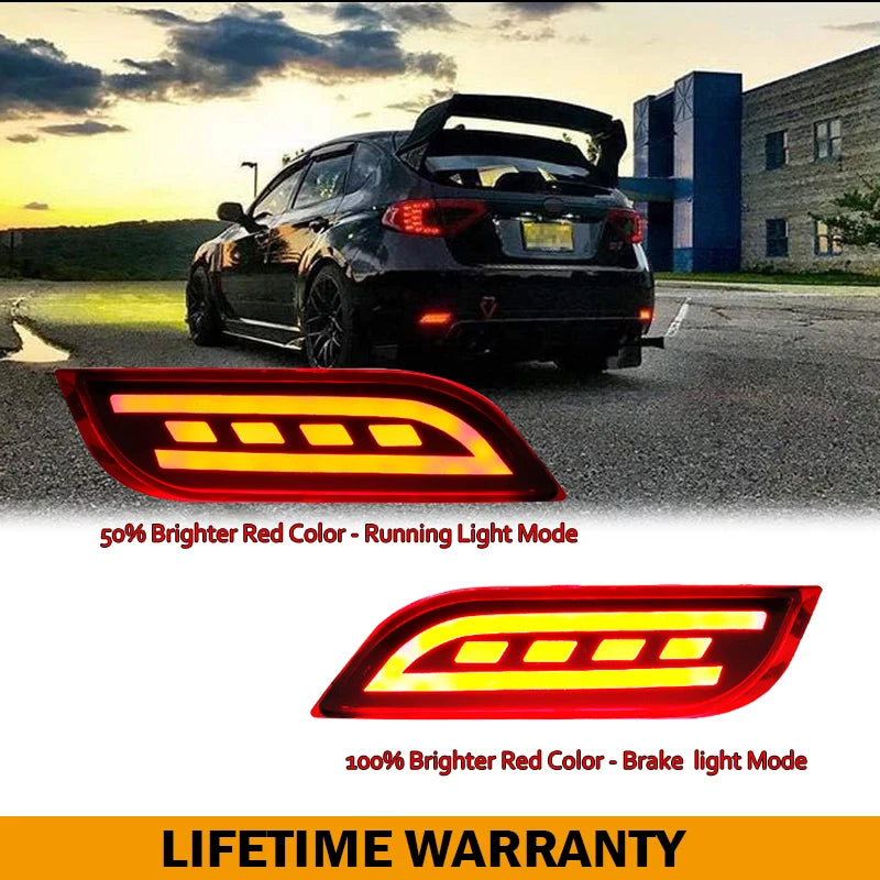 LED rear bumper reflectors shown in brake light and running light modes with brightness comparison on car