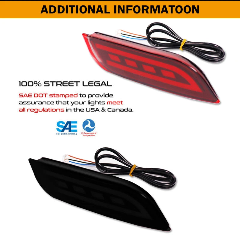 Red and smoked LED bumper reflectors with SAE DOT certification, street legal for use in the USA and Canada