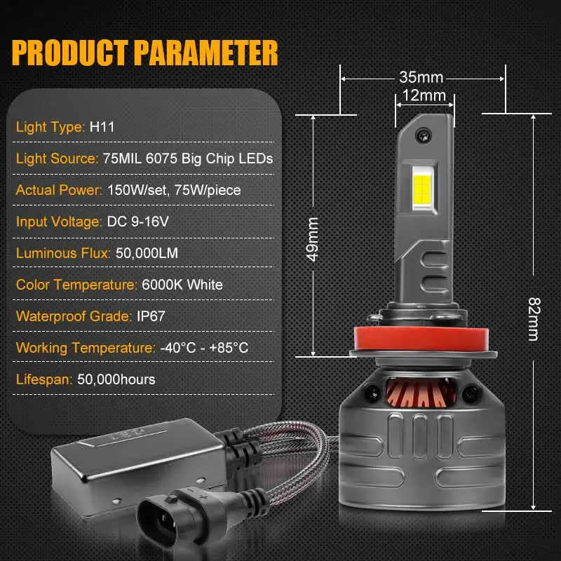 Technical specifications and dimensions of H11 LED headlight bulb