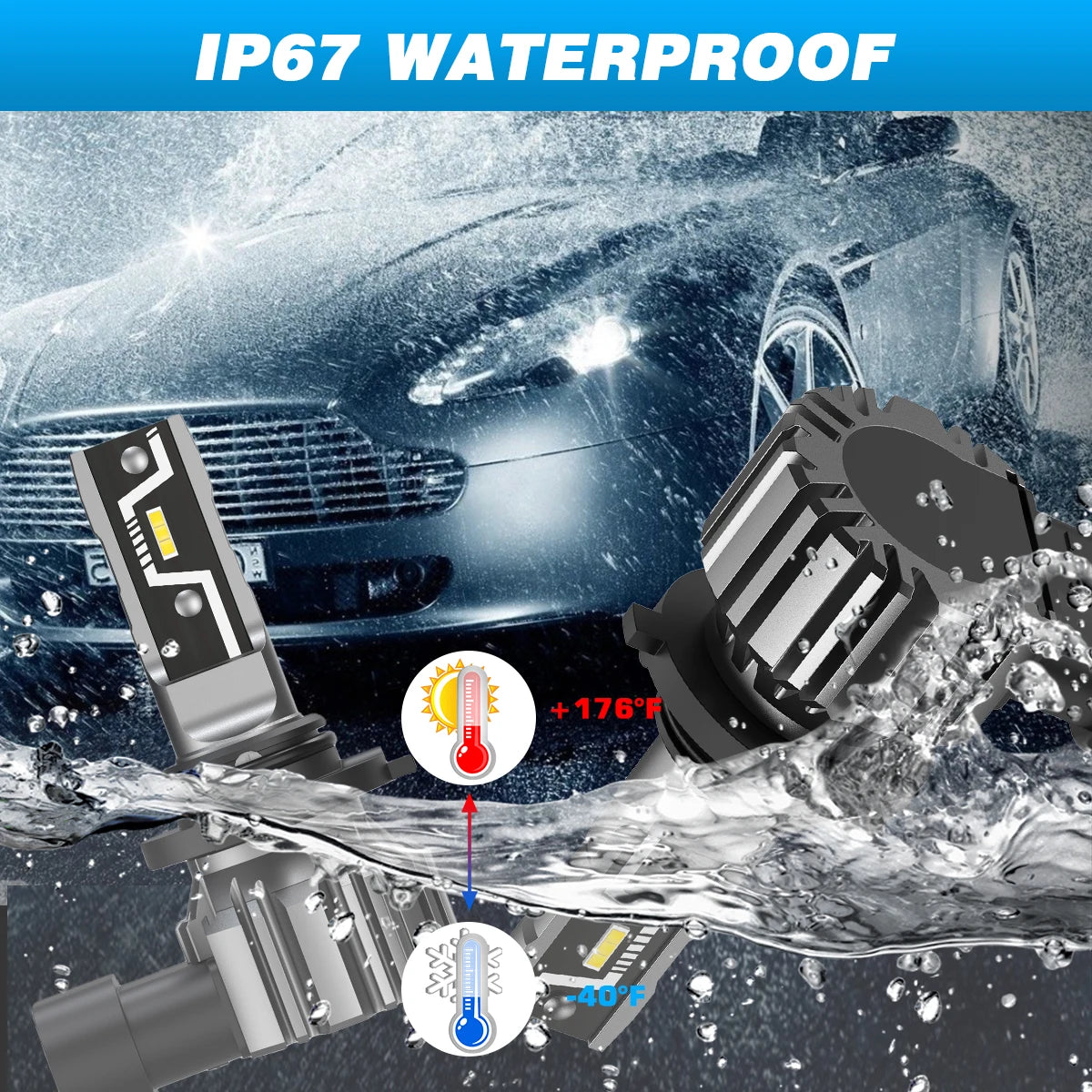 Novsight LED headlight bulbs shown with IP67 waterproof and wide temperature resistance for all-weather use