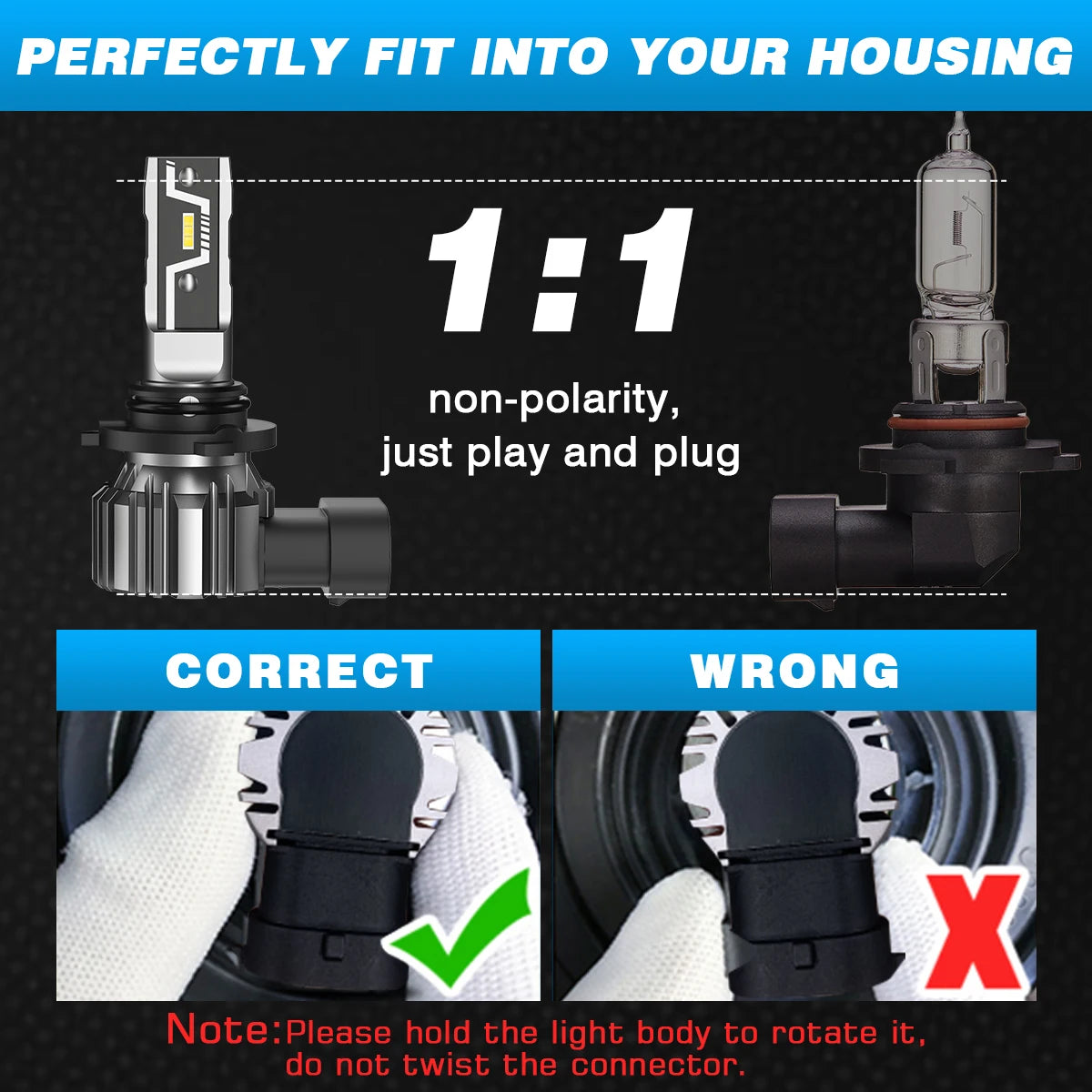 Novsight LED headlight bulbs shown with correct plug orientation and 1:1 halogen bulb size compatibility