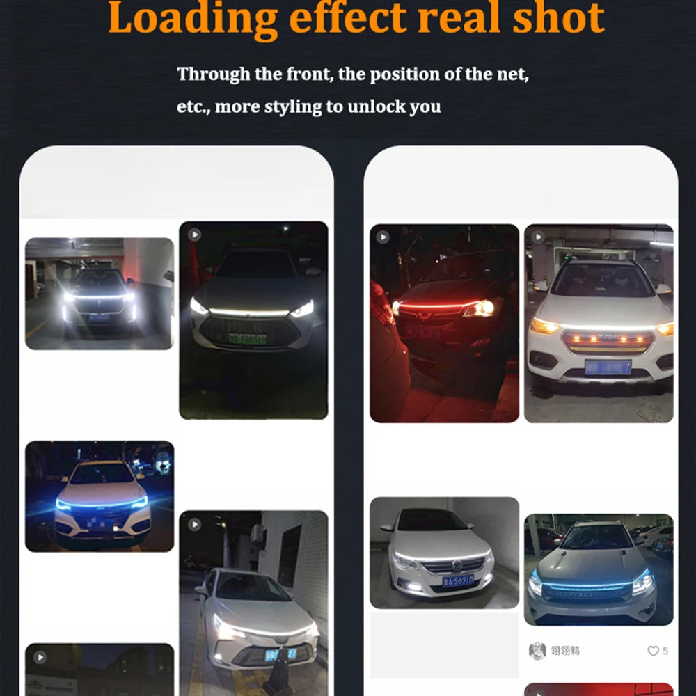 Car night view with dynamic white hood LED strip installed