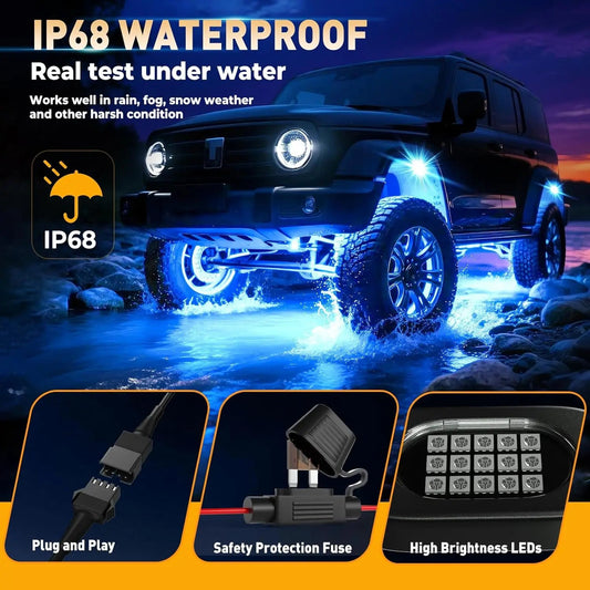 IP68 waterproof rock lights on SUV driving through water — plug and play, safety fuse and high brightness LEDs