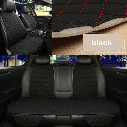 Linen car seat cover black variant showing front pair, rear bench and fabric texture
