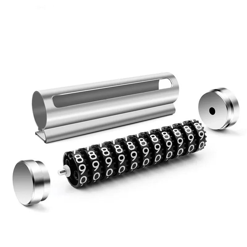 Exploded view of metal car parking number plate showing rotating digit wheels and casing components