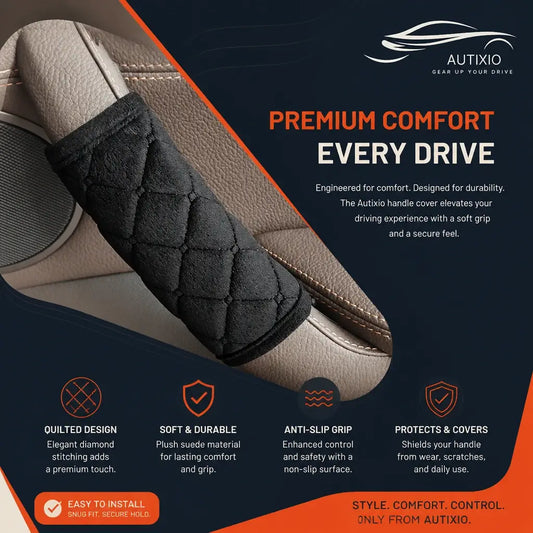 Black quilted plush car door handle cover on beige leather interior highlighting soft durable suede, anti-slip grip, and scratch protection features