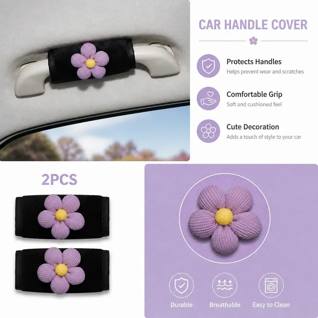 Plush car handle cover with purple flower decoration pair installed on interior handle