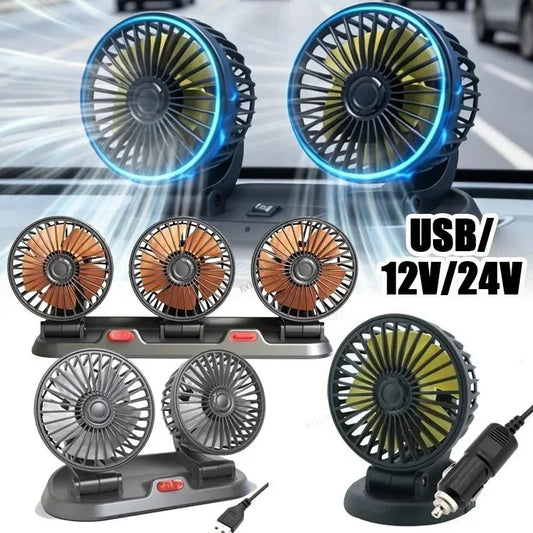 Front display of portable car fan with multi-head options