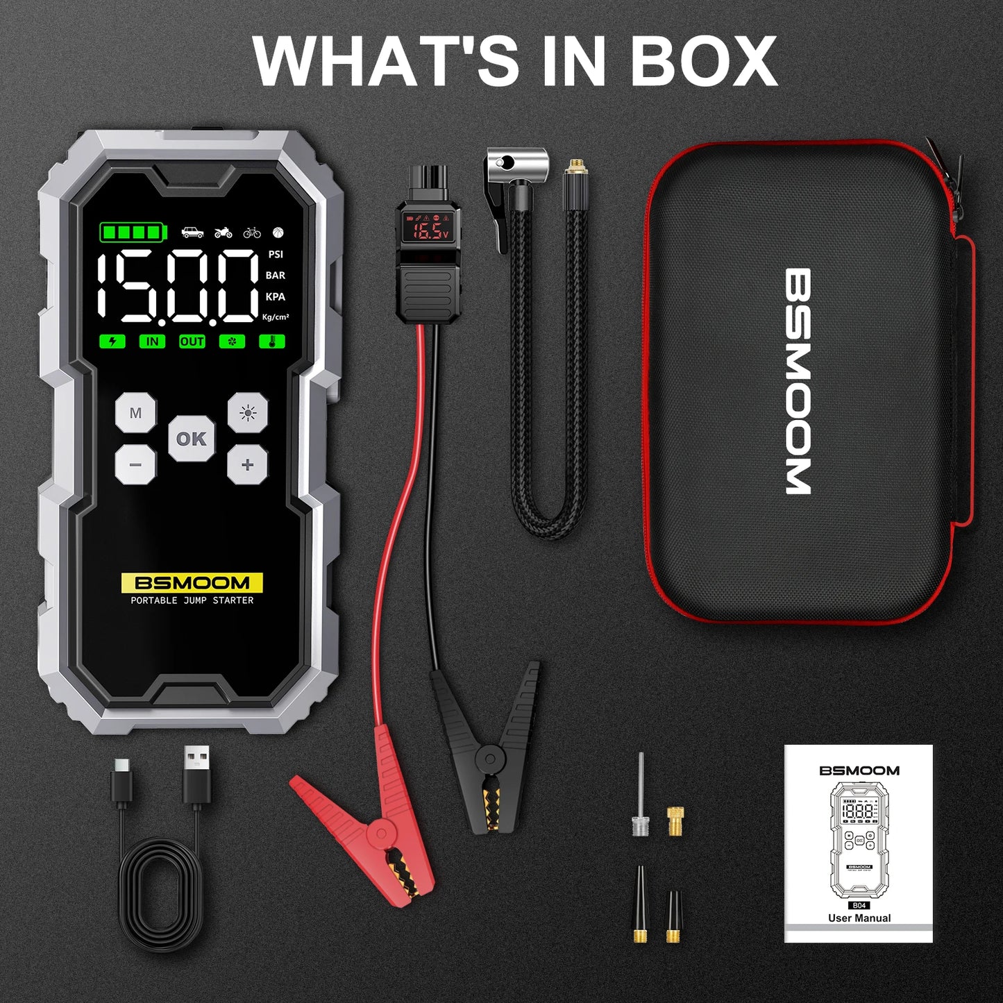 Full contents of the BSMOOM portable car jump starter kit including starter, cables, case, and nozzles
