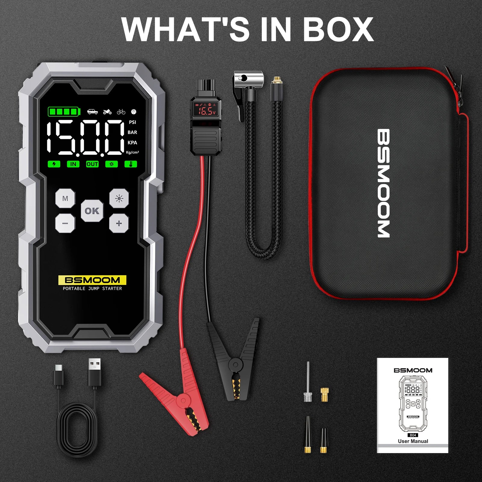 Full contents of the BSMOOM portable car jump starter kit including starter, cables, case, and nozzles