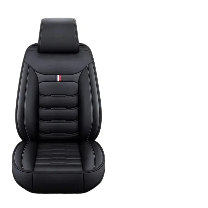 Black PU leather car seat cover shown from the front with white background