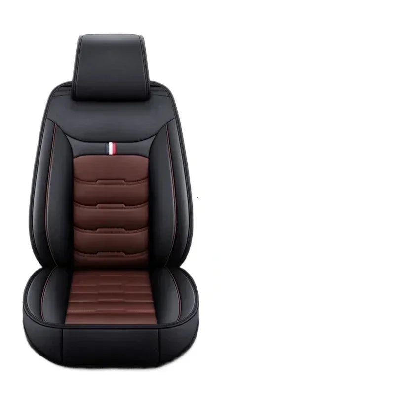 Black and coffee brown PU leather car seat cover displayed from the front on white background