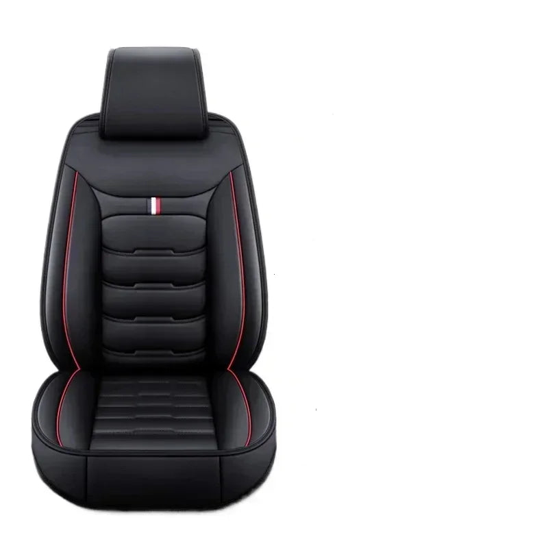 Black and red PU leather car seat cover shown from the front on white background