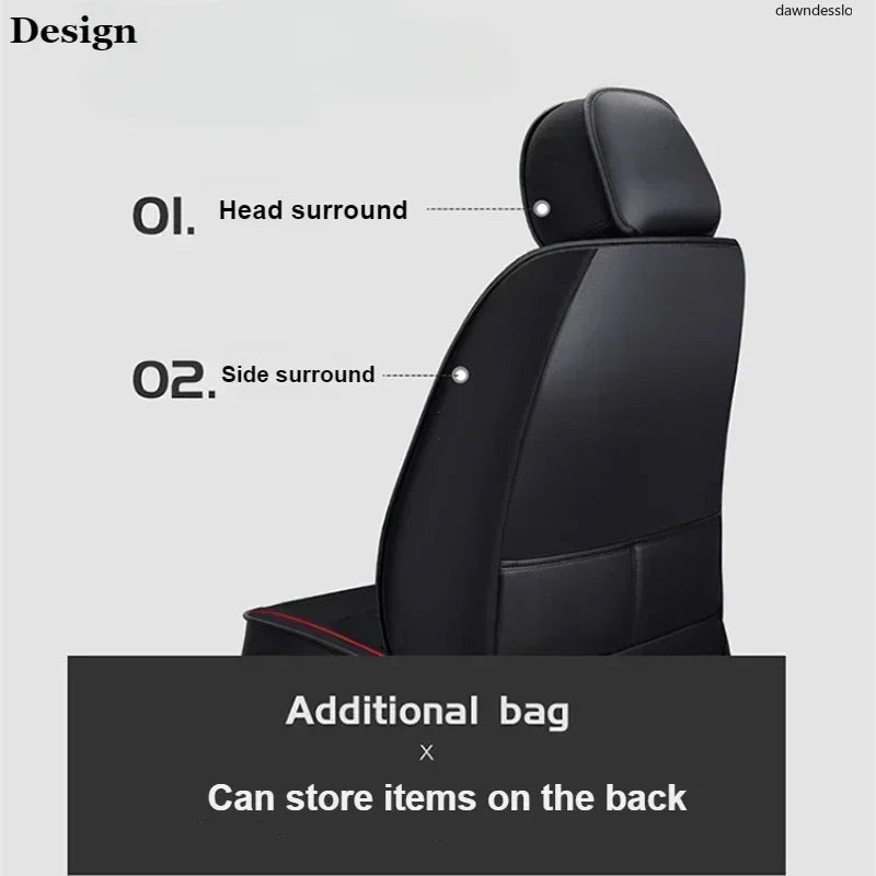 PU leather car seat cover back view showing headrest, side surround, and rear storage pocket