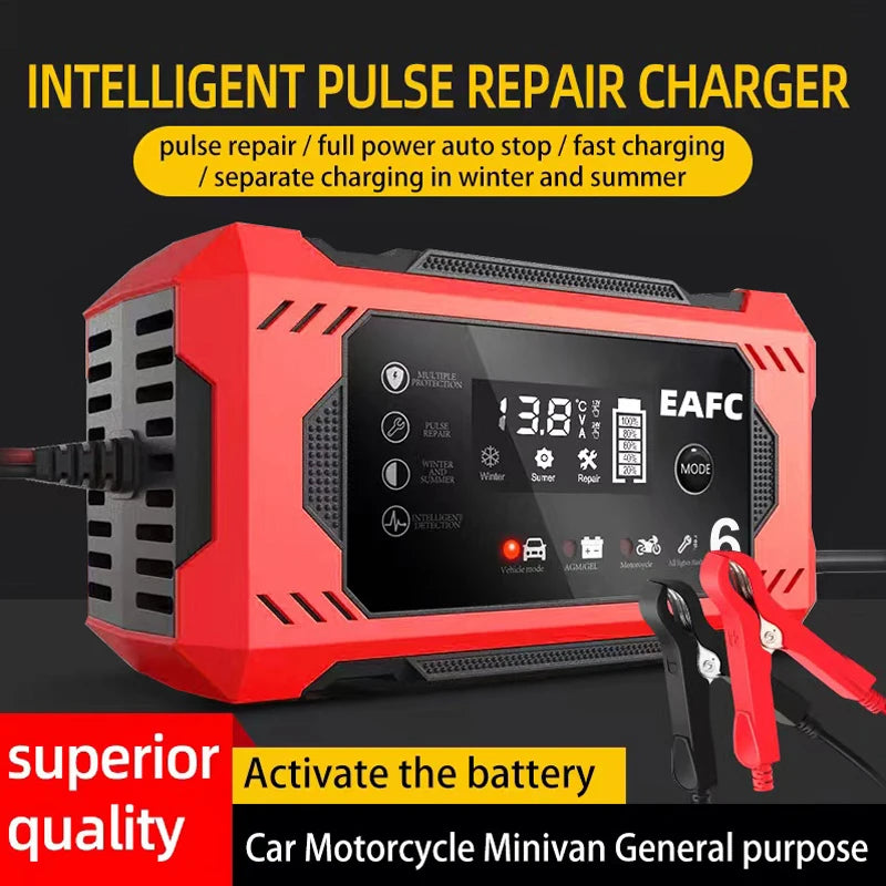 Intelligent pulse repair battery charger with auto stop and fast charging for car, motorcycle, and minivan batteries