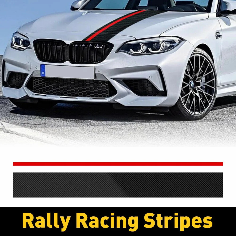 Black carbon fiber and red vinyl racing stripes applied to car hood with product strip preview below