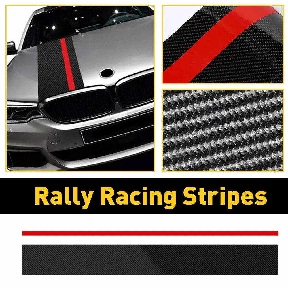 Carbon fiber and red rally racing stripe kit with close-ups of material texture, hood installation, and layout preview