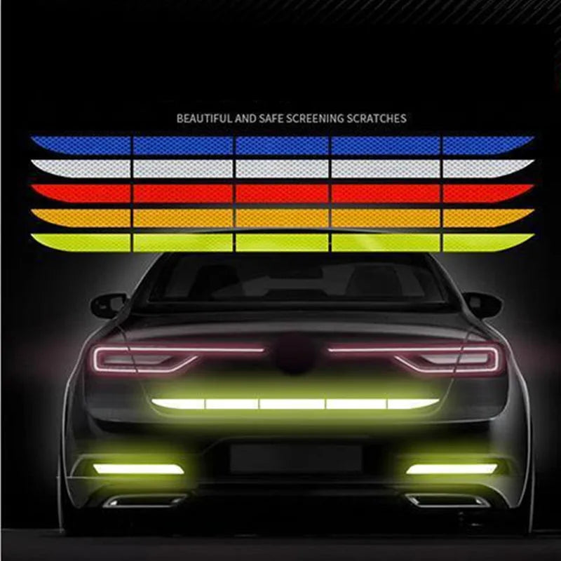 Rear bumper reflective strip kit in yellow, red, and blue colors installed on a car for night visibility and safety
