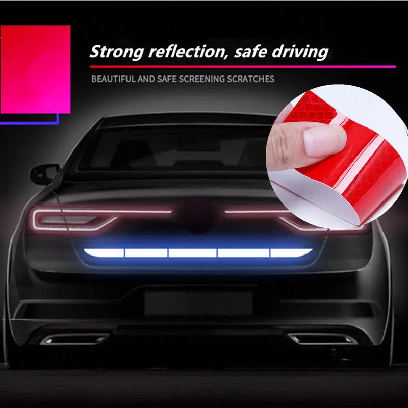 Rear car reflective safety sticker showing strong blue light reflection and peel-off installation
