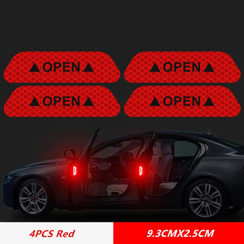 Set of 4 red reflective car door stickers labeled OPEN for night driving visibility and safety alerts