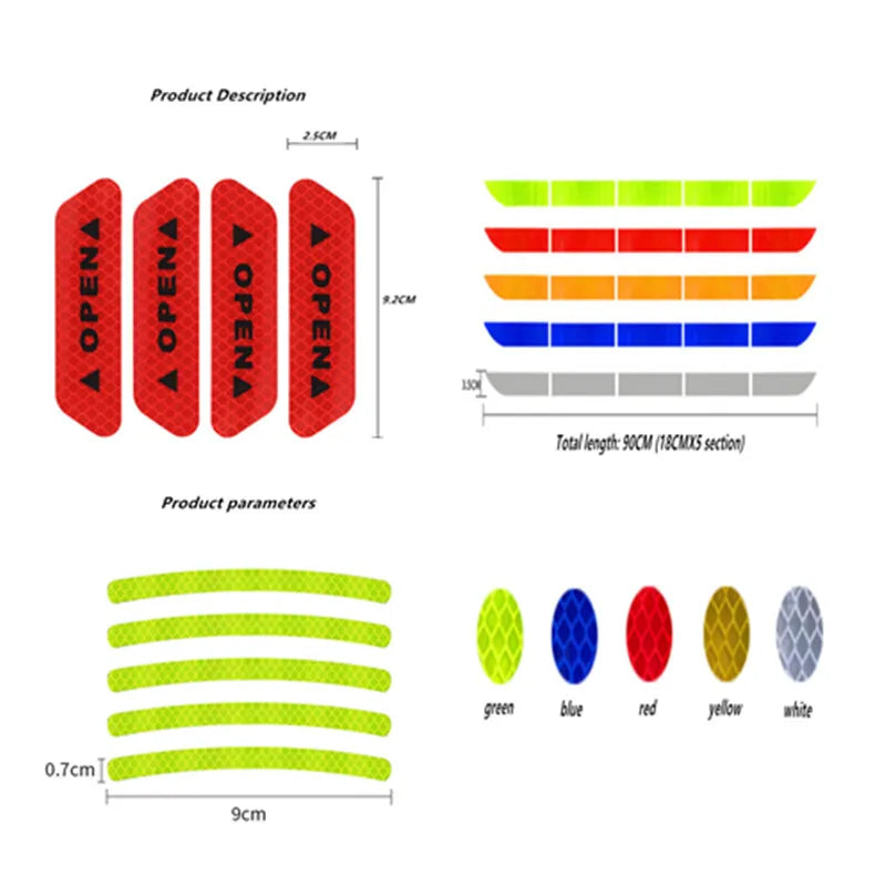 Size guide and color options for reflective door and bumper strips in red, blue, yellow, green, and white